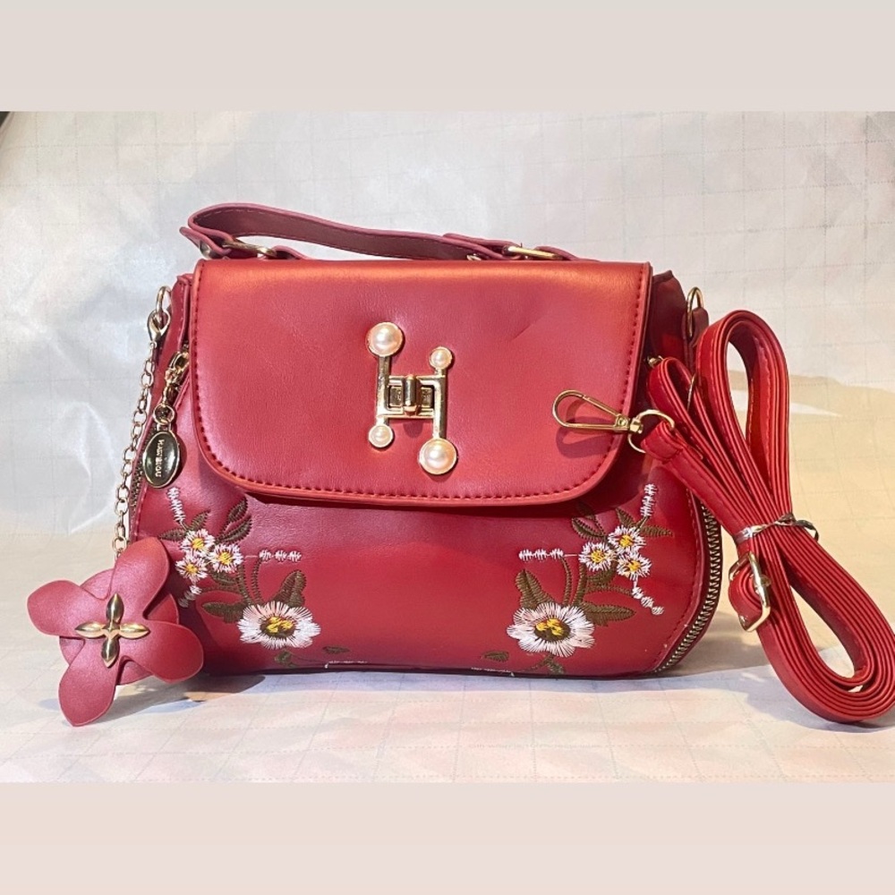 Elegant Red Floral Embroidered Handbag